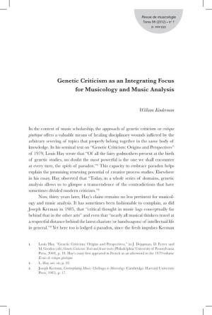 Genetic Criticism As an Integrating Focus for Musicology and Music Analysis