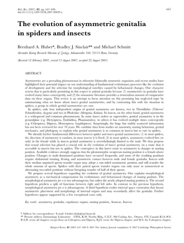 The Evolution of Asymmetric Genitalia in Spiders and Insects