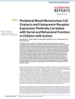 Peripheral Blood Mononuclear Cell Oxytocin and Vasopressin Receptor Expression Positively Correlates with Social and Behavioral