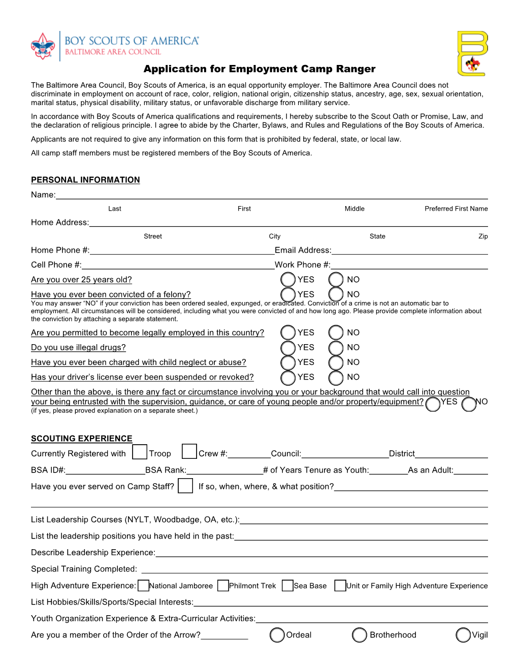 Application for Employment Camp Ranger the Baltimore Area Council, Boy Scouts of America, Is an Equal Opportunity Employer