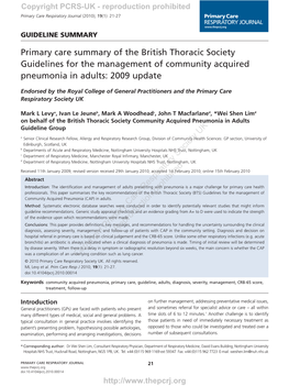 Primary Care Summary of the British Thoracic Society Guidelines for the Management of Community Acquired Pneumonia in Adults: 2009 Update