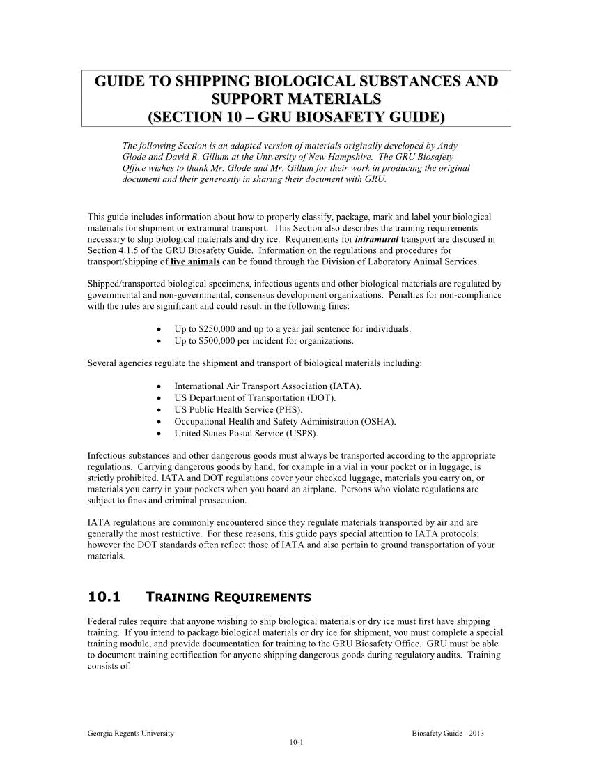 Guide to Shipping Biological Substances and Support Materials (Section 10 – Gru Biosafety Guide)