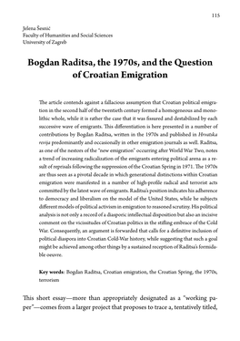 Bogdan Raditsa, the 1970S, and the Question of Croatian Emigration