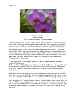 Orchids in the Home by Heidi Napier UCCE Master Gardener of El Dorado County Orchids Have a Reputation for Being Difficult to Gr