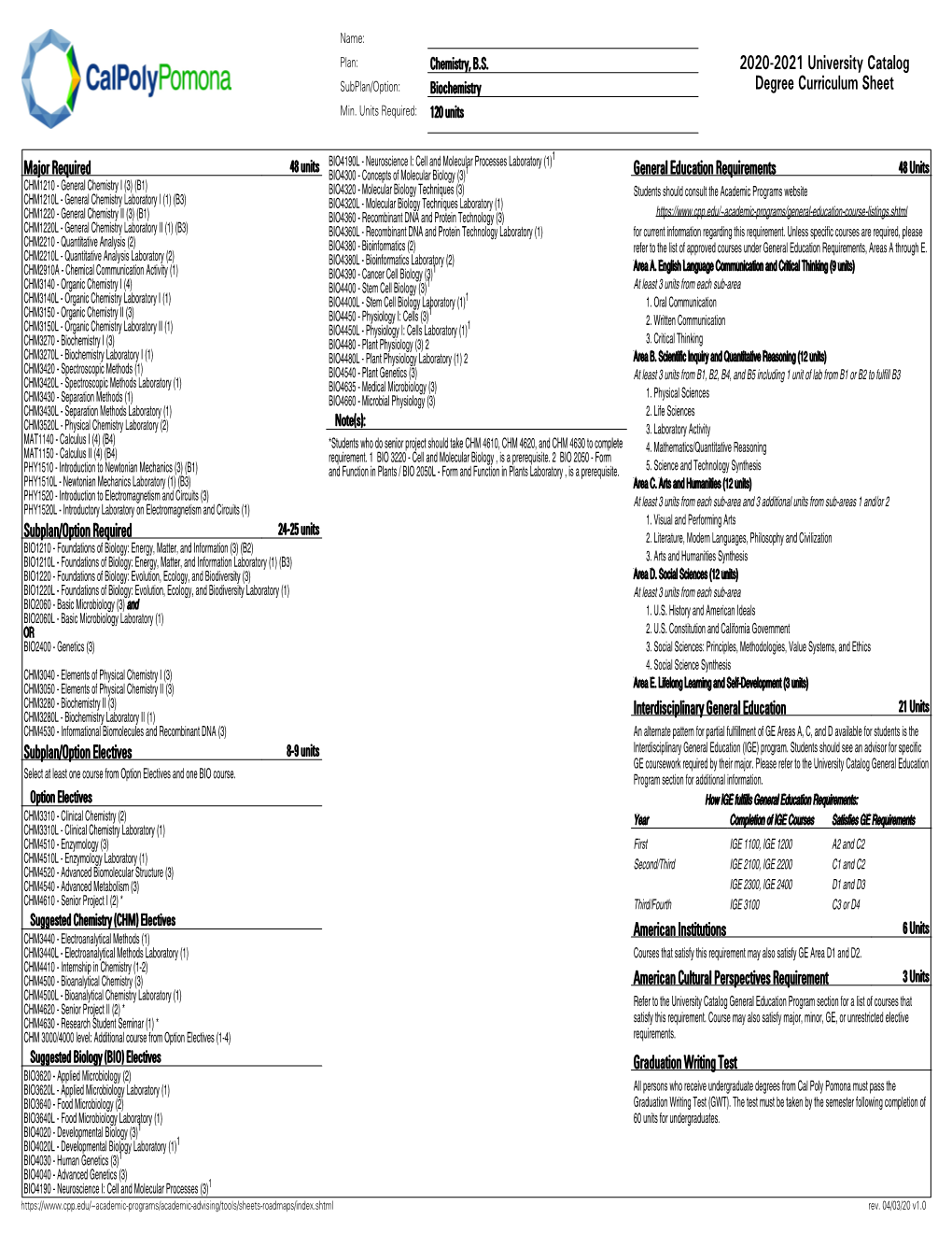 Curriculum Sheet for Biochemistry Option