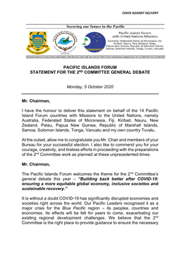 Pacific Islands Forum Statement for the 2Nd Committee General Debate