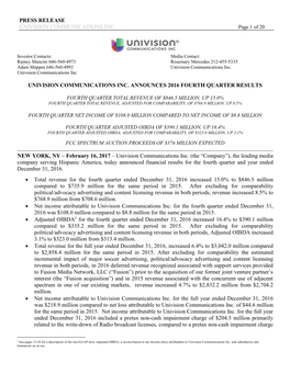 Univision Communications Inc. Announces 2016 Fourth Quarter Results