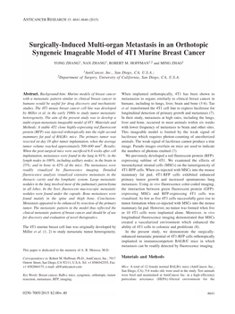 Surgically-Induced Multi-Organ Metastasis in an Orthotopic Syngeneic Imageable Model of 4T1 Murine Breast Cancer