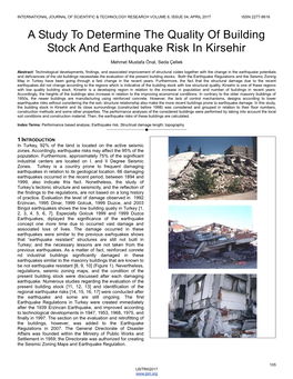 A Study to Determine the Quality of Building Stock and Earthquake Risk in Kirsehir