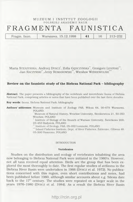 Review on the Faunistic Study of the Biebrza National Park - Bibliography