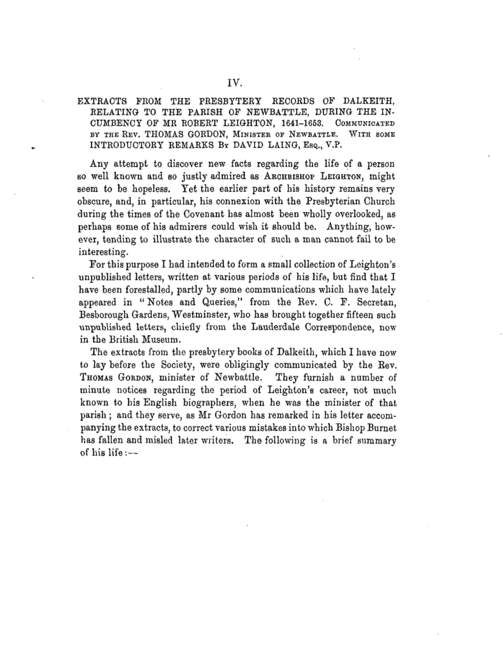 Exteacts from the Peesbytbry Eecords of Dalkeith, Relating to the Parish of Newbattle, During the In- Cumbency of Mr Robert Leig