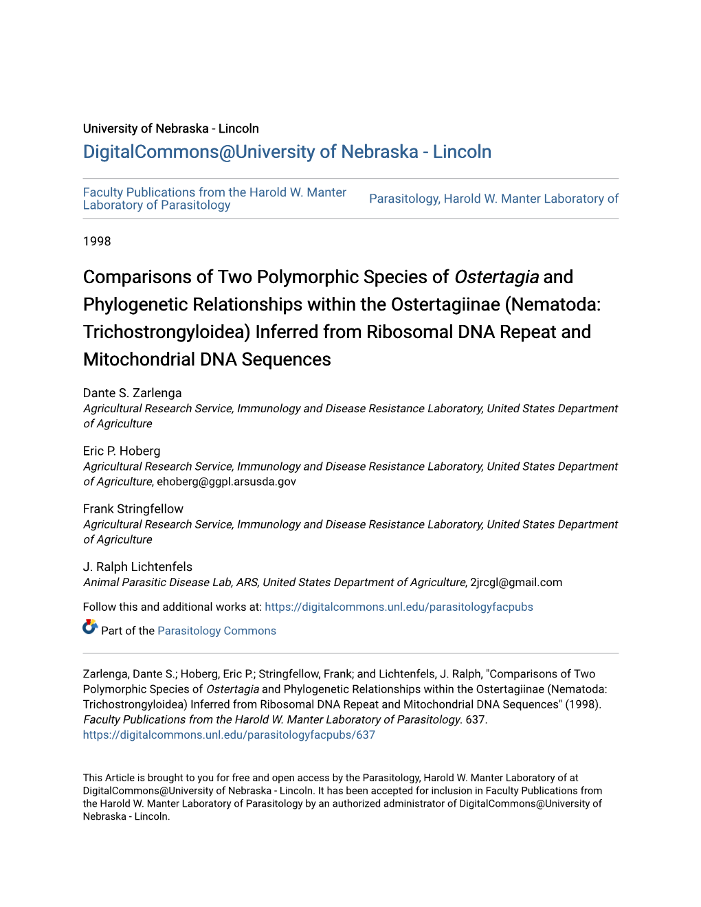 Comparisons of Two Polymorphic Species of Ostertagia And