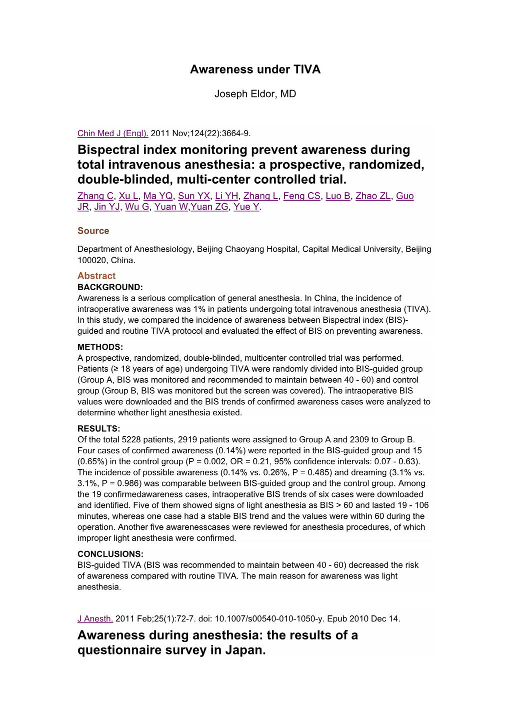 Bispectral Index Monitoring Prevent Awareness During Total Intravenous Anesthesia: a Prospective, Randomized, Double-Blinded, Multi-Center Controlled Trial