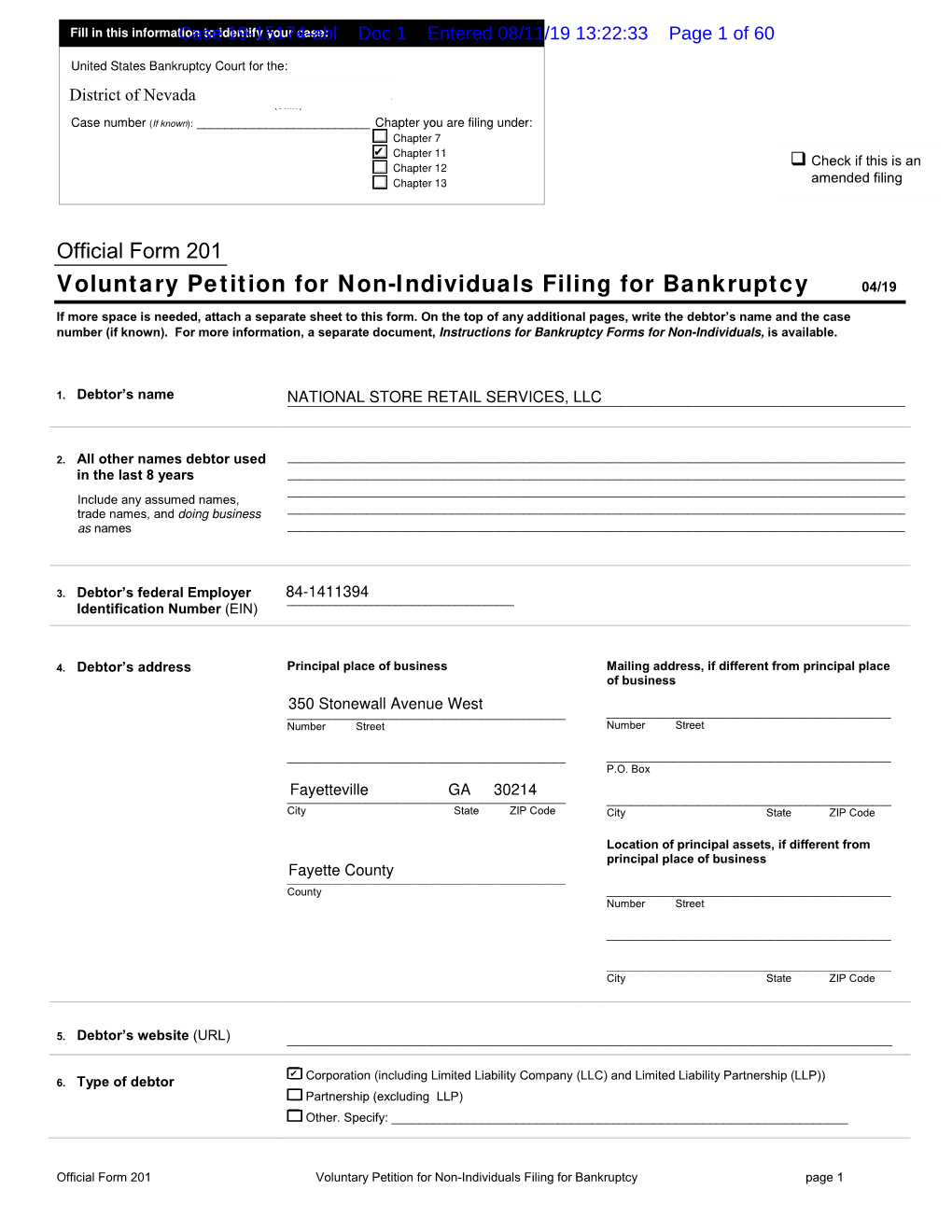 Voluntary Petition for Non-Individuals Filing for Bankruptcy 04/19