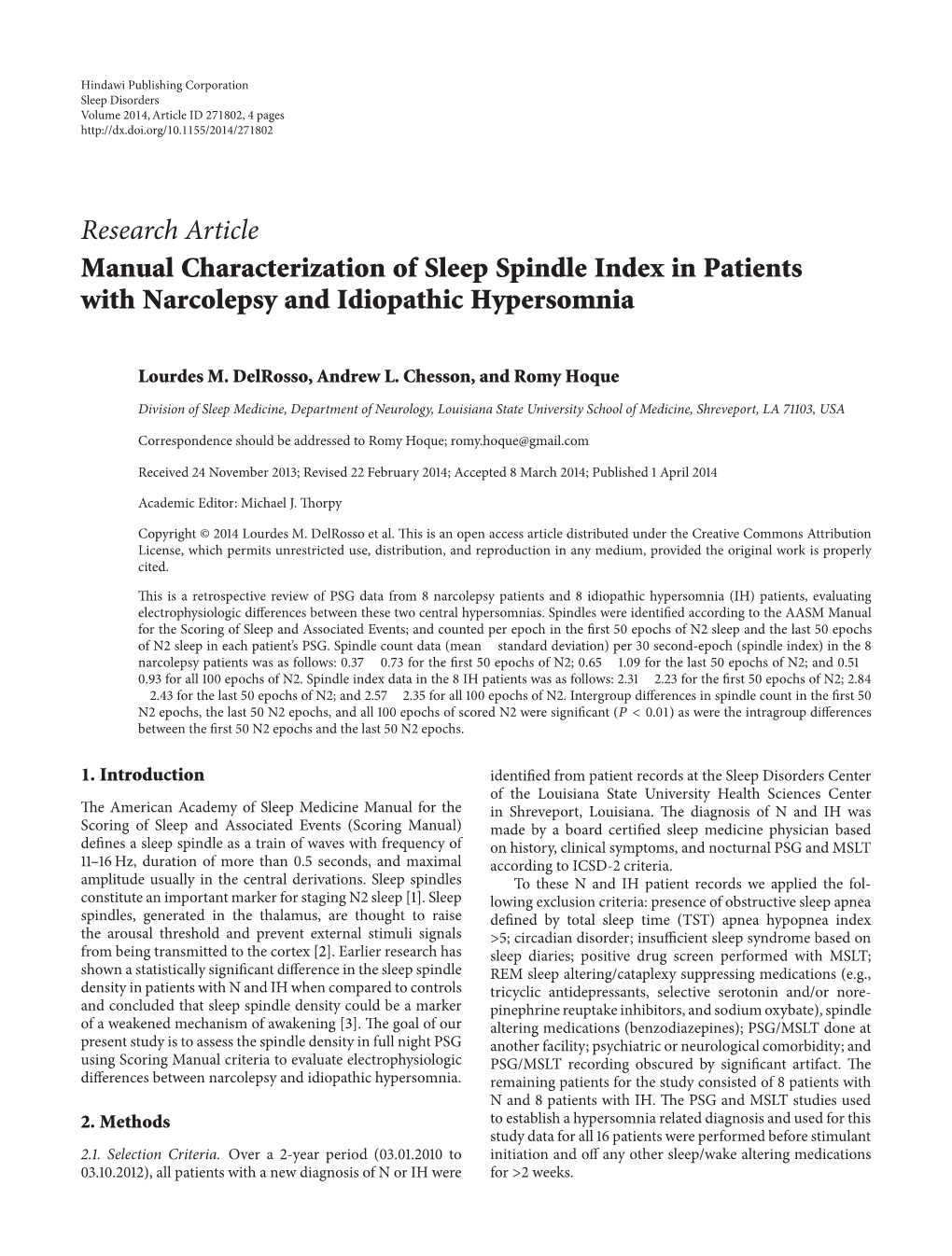 Manual Characterization of Sleep Spindle Index in Patients with Narcolepsy and Idiopathic Hypersomnia