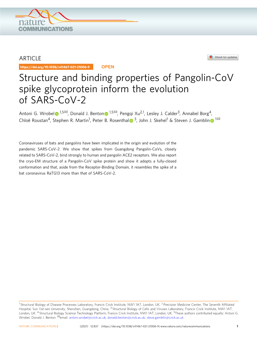 Structure and Binding Properties of Pangolin-Cov Spike Glycoprotein Inform the Evolution of SARS-Cov-2 ✉ ✉ Antoni G