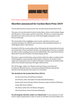 Shortlist Announced for Gordon Burn Prize 2019