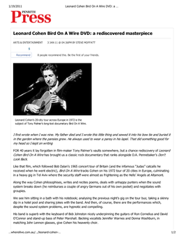 Leonard Cohen Bird on a Wire DVD: a Rediscovered Masterpiece