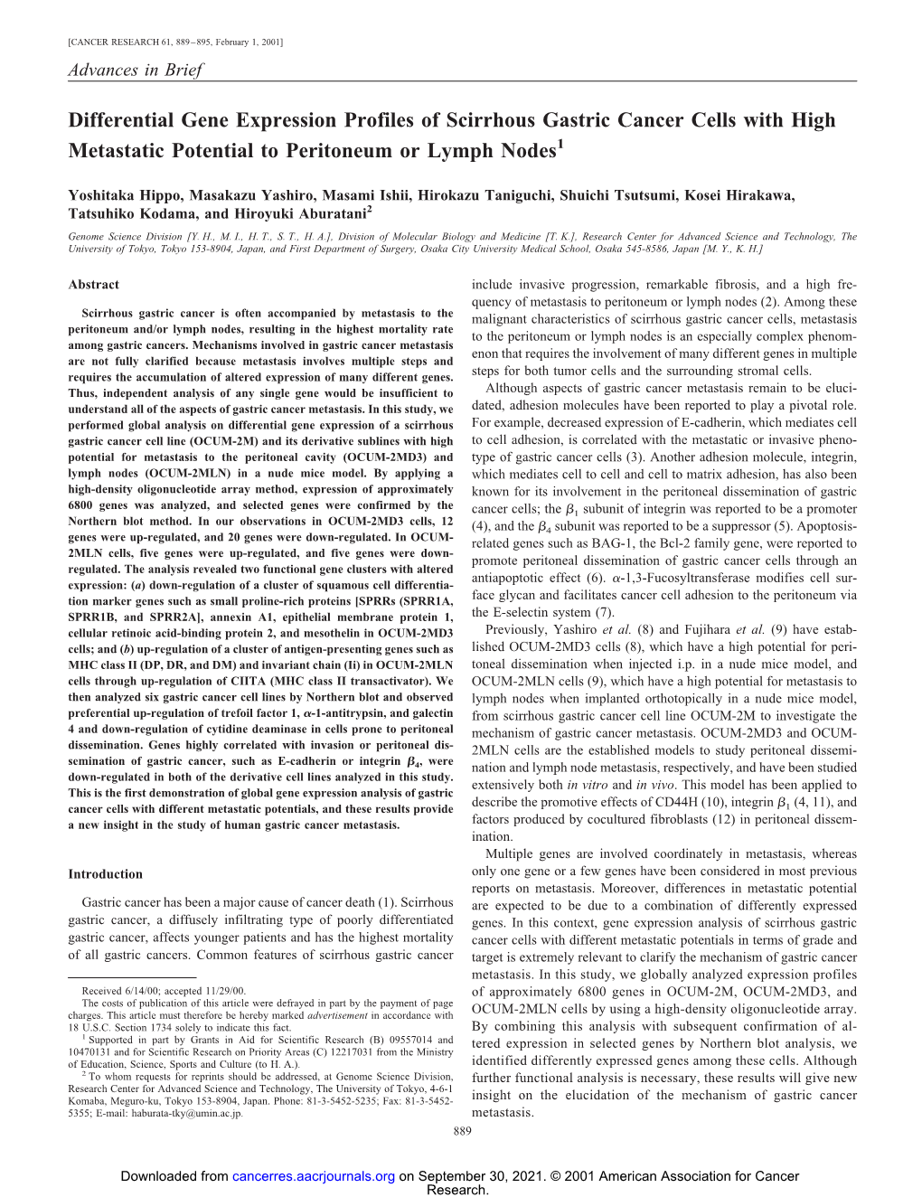 Differential Gene Expression Profiles Of Scirrhous Gastric Cancer Cells With High Metastatic