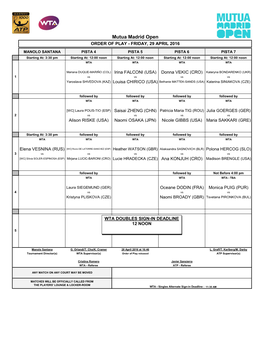 Mutua Madrid Open ORDER of PLAY - FRIDAY, 29 APRIL 2016
