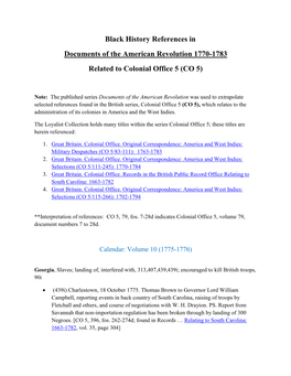 Black History References in Documents of the American Revolution 1770-1783 Related to Colonial Office 5 (CO 5)