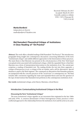 Mel Ramsden's Theoretical Critique of Institutions: a Close Reading of “On Practice”