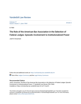 The Role of the American Bar Association in the Selection of Federal Judges: Episodic Involvement to Institutionalized Power