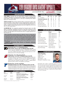 Avalanche Leaders Upcoming Schedule Avalanche Notes Central Division Standings Upcoming Games Player Spotlight