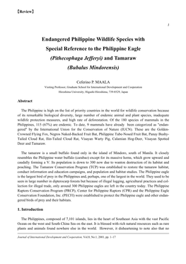 Endangered Philippine Wildlife Species with Special Reference to the Philippine Eagle (Pithecophaga Jefferyi) and Tamaraw (Bubalus Mindorensis)