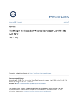 The Sting of the &lt;Em&gt;Wasp&lt;/Em&gt;: Early Nauvoo Newspaper—April