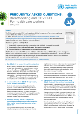Faqs: Breastfeeding and COVID-19 for Health Care Workers