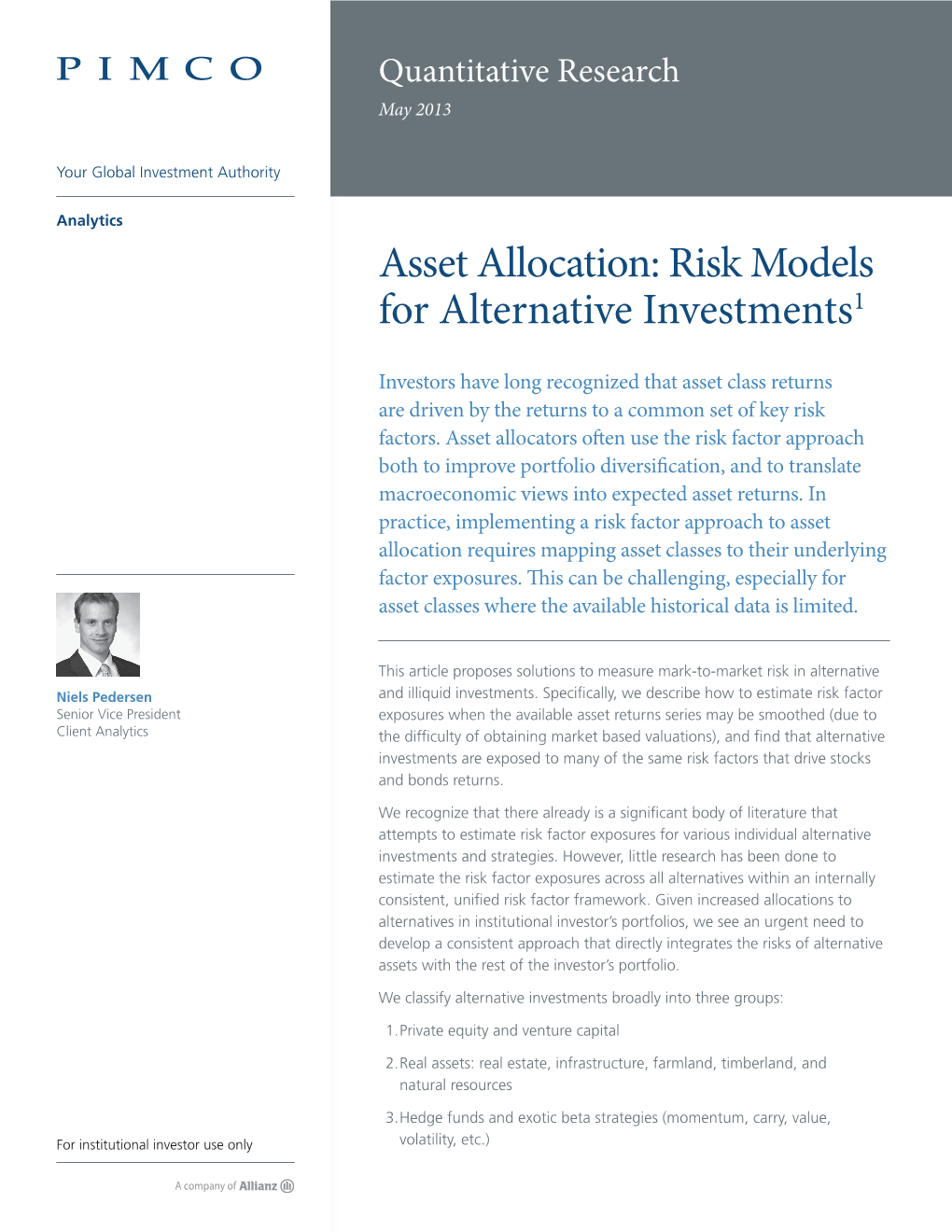 Asset Allocation: Risk Models for Alternative Investments1