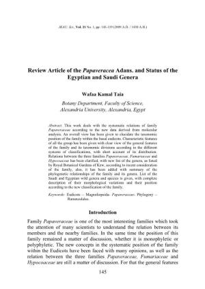 Review Article of the Papaveracea Adans. and Status of the Egyptian and Saudi Genera
