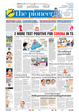 2 MORE TEST POSITIVE for CORONA in TS N Samples Sent to the National Institute of Virology in Pune for Further Testing N Confirmation Reports Expected Today
