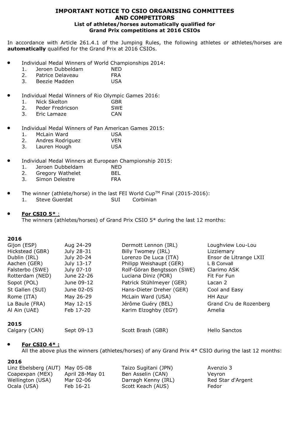 IMPORTANT NOTICE to CSIO ORGANISING COMMITTEES and COMPETITORS List of Athletes/Horses Automatically Qualified for Grand Prix Competitions at 2016 Csios