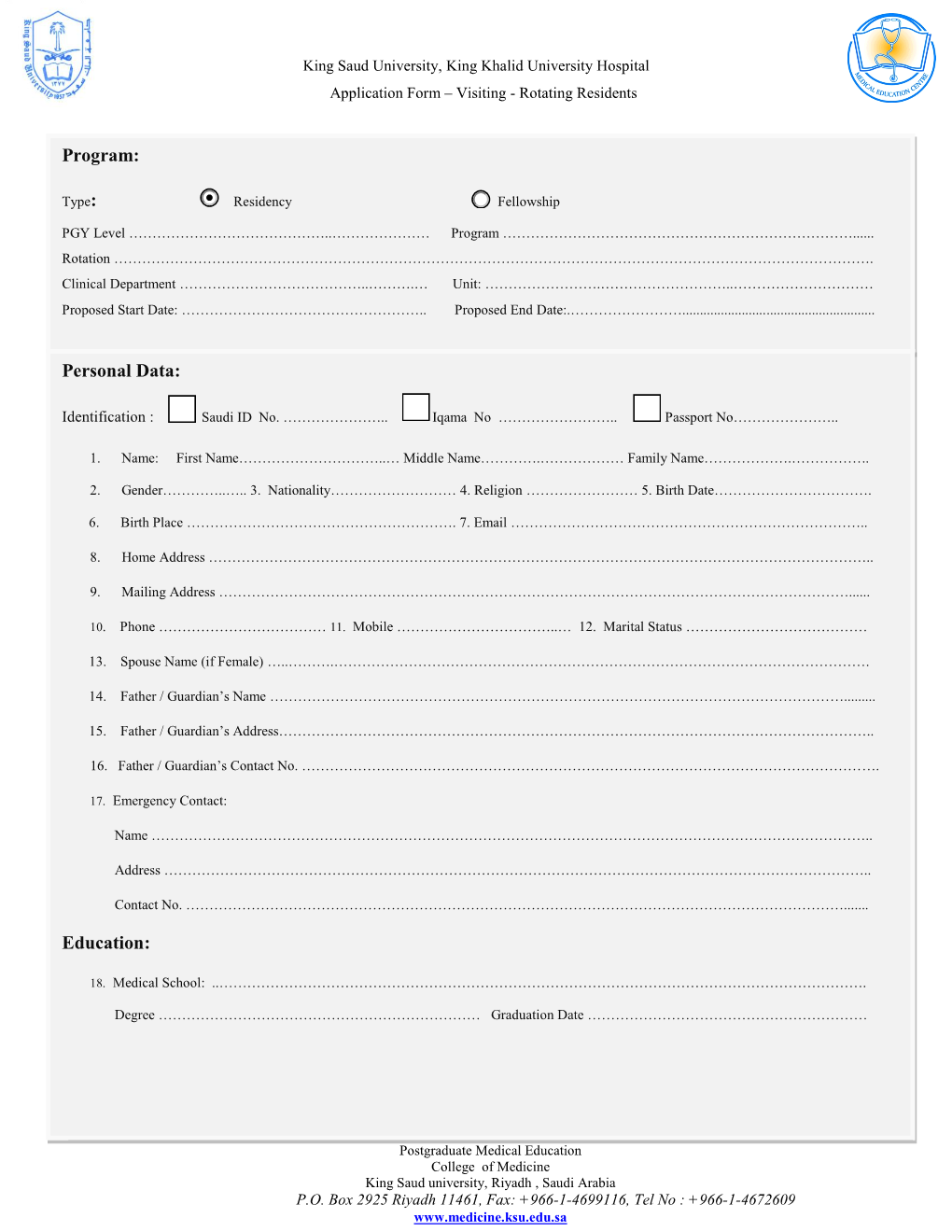 King Saud University, King Khalid University Hospital Application Form – Visiting - Rotating Residents