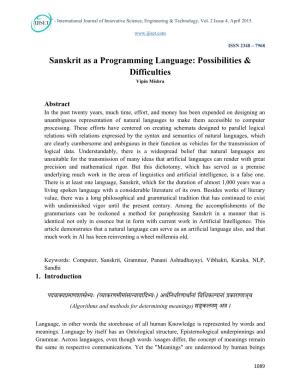 Sanskrit As a Programming Language: Possibilities & Difficulties Vipin Mishra