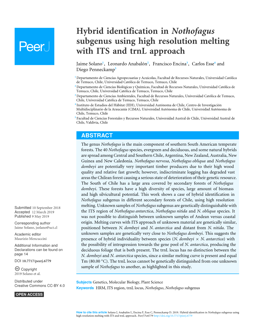 Hybrid Identification in Nothofagus Subgenus Using High Resolution Melting with ITS and Trnl Approach