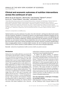 Clinical and Economic Outcomes of Nutrition Interventions Across the Continuum of Care Marian De Van Der Schueren,1 Marinos Elia,2 Leah Gramlich,3 Michael P