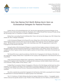 Holy See Names Fort Worth Bishop Kevin Vann As Ecclesiastical Delegate for Pastoral Provision
