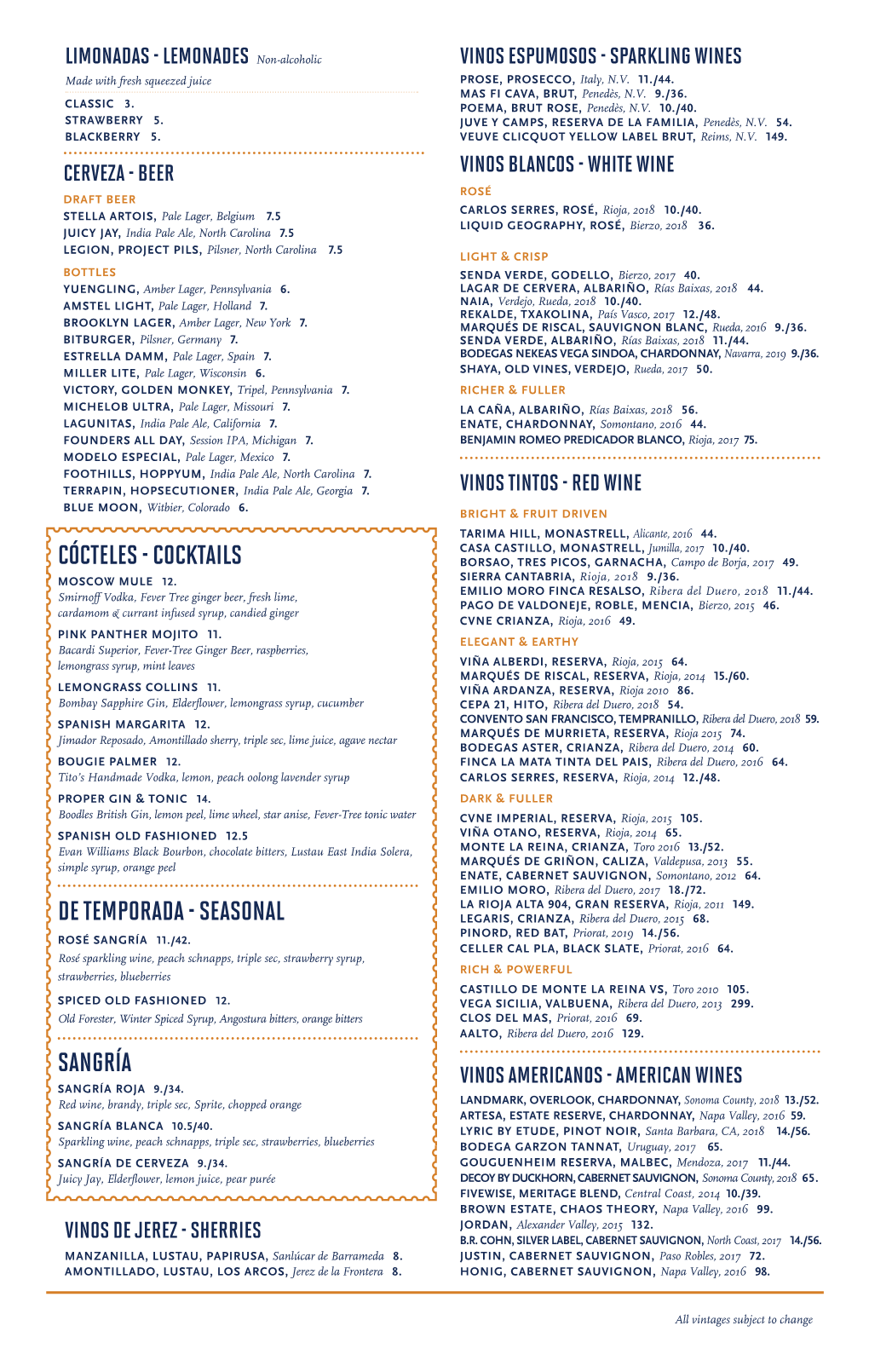 Bulla Charlotte Beverage Menu