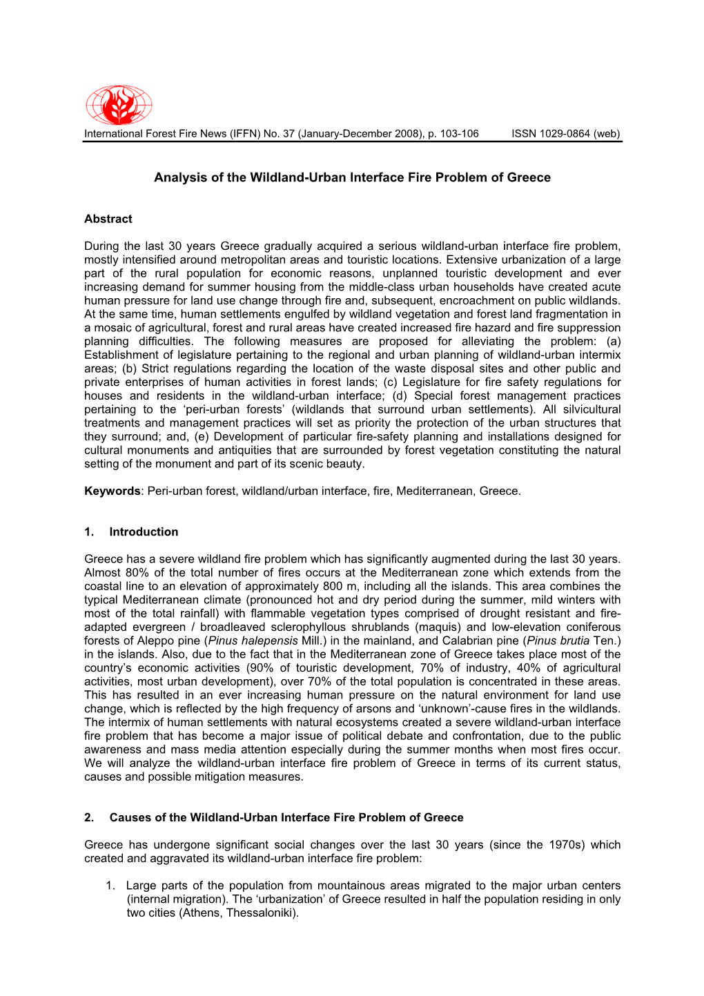 Analysis of the Wildland-Urban Interface Fire Problem of Greece