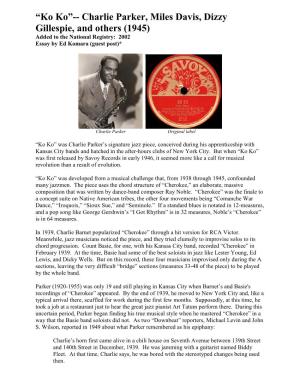 Ko Ko”-- Charlie Parker, Miles Davis, Dizzy Gillespie, and Others (1945) Added to the National Registry: 2002 Essay by Ed Komara (Guest Post)*