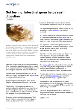 Gut Feeling: Intestinal Germ Helps Sushi Digestion 7 April 2010