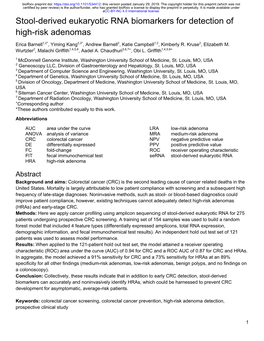 Stool-Derived Eukaryotic RNA Biomarkers for Detection of High-Risk Adenomas