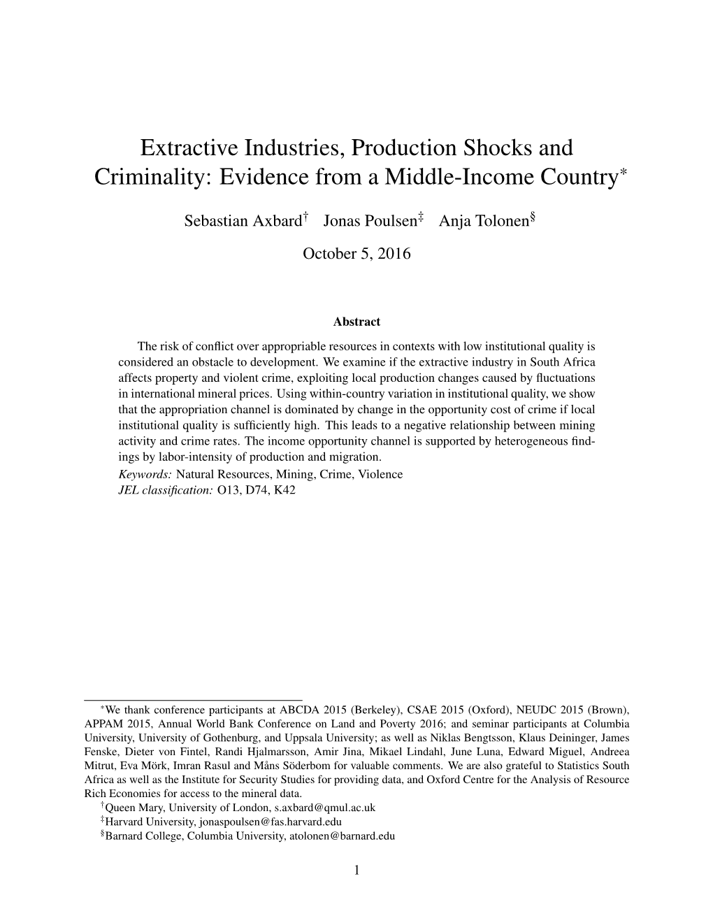 Extractive Industries, Production Shocks and Criminality: Evidence from a Middle-Income Country*