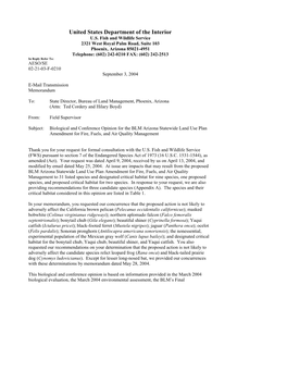 Biological and Conference Opinion for the BLM Arizona Statewide Land Use Plan Amendment for Fire, Fuels, and Air Quality Management
