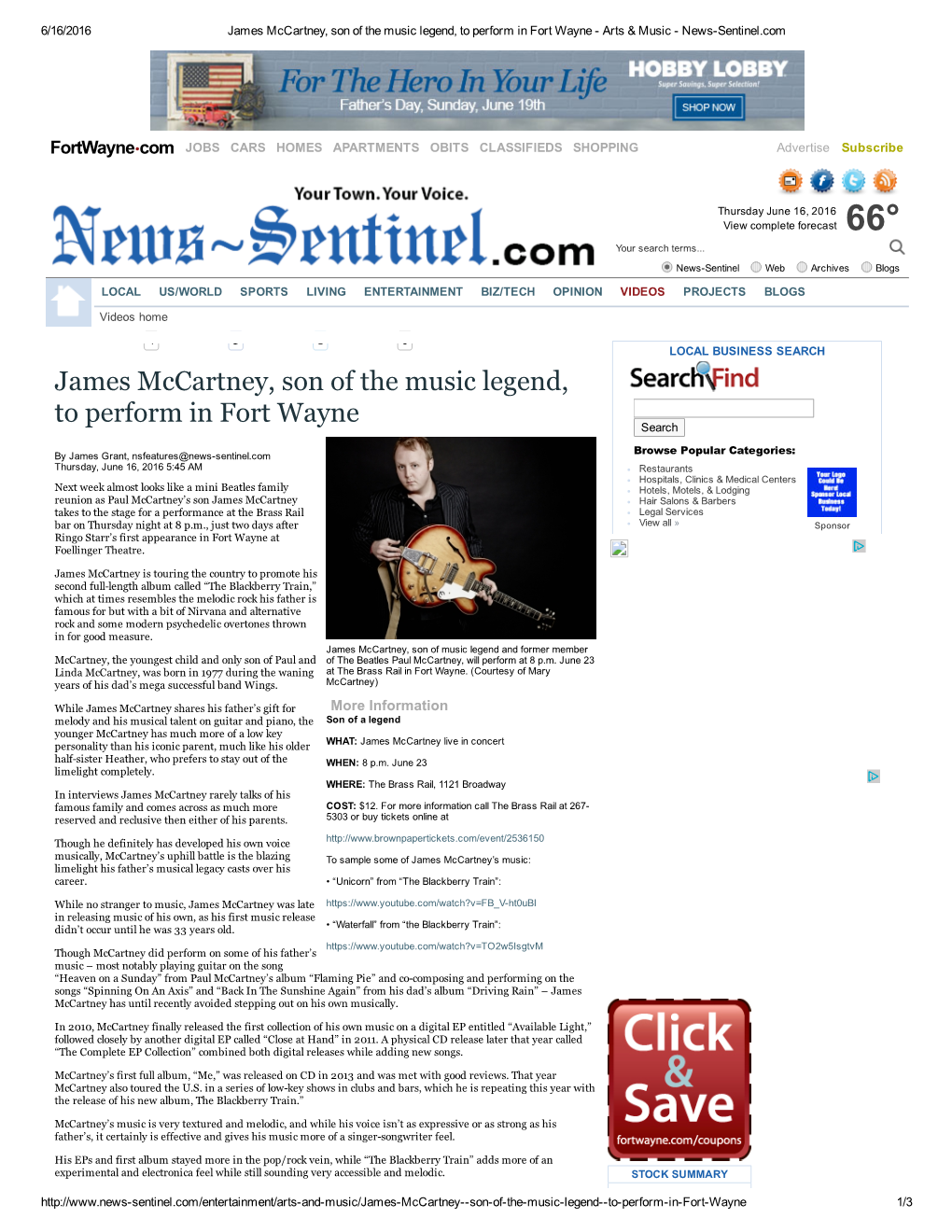 James Mccartney, Son of the Music Legend, to Perform in Fort Wayne ­ Arts & Music ­ News­Sentinel.Com