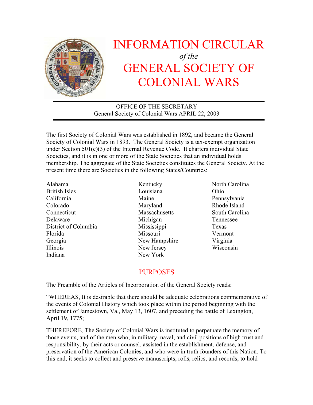 Information Circular General Society of Colonial Wars