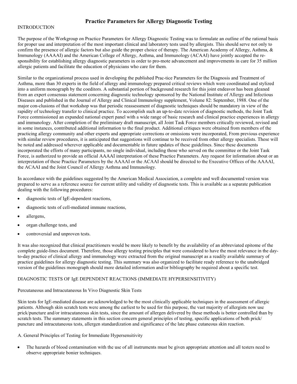 Practice Parameters for Allergy Diagnostic Testing INTRODUCTION